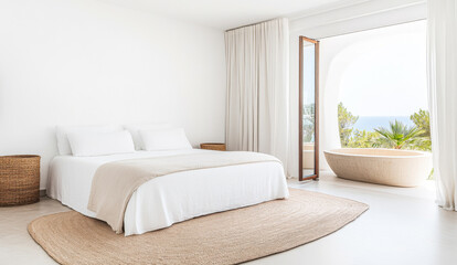 Bright and airy bedroom with ocean view, featuring a comfortable bed and a stylish bathtub at a coastal retreat
