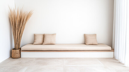 Minimalist interior design featuring a long cushion seat and decorative dried plants in a bright, neutral-toned room