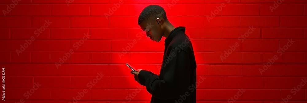 Poster A man in a black shirt uses his smartphone in front of a bright red brick wall. This image symbolizes technology, connection, communication, and modern life.