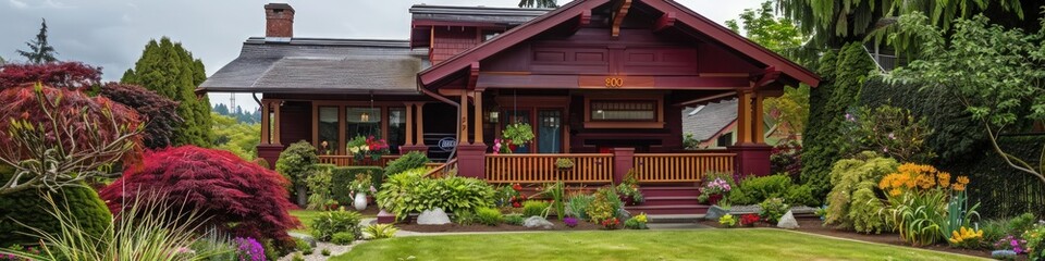 Craftsman house exterior in deep burgundy, decorative woodwork, covered porch, and vibrant garden.