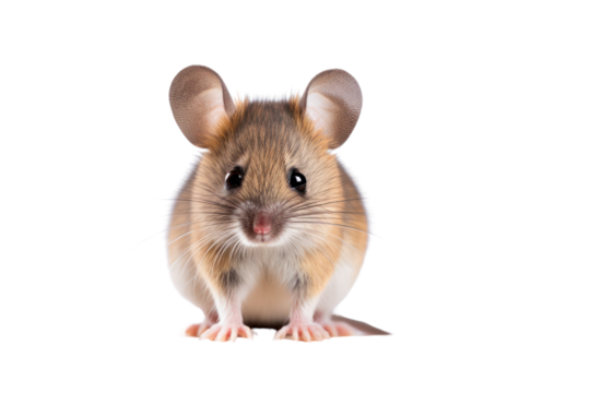 A young mouse peeking out from a small hole in the wall, only its head and front paws visible isolated on white background