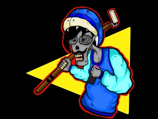 cartoon illustration of a skull wearing a beanie, holding a roller and spray paint