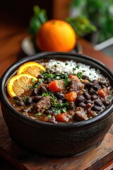  Feijoada: A famous black bean stew cooked with various cuts of pork, served with rice and orange slices.