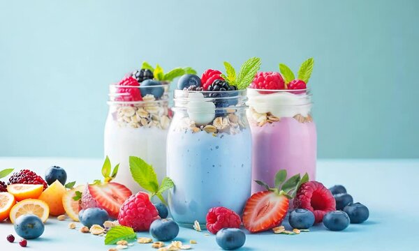 Colorful fruit and yogurt parfaits in glass jars, healthy breakfast