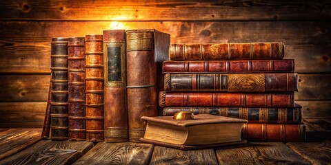Vintage leather-bound tomes, worn paperbacks, and classic novels create a textured, nostalgic background with rich wood