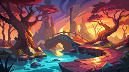 fantasy landscape with a stone bridge over a glowing pool, surrounded by twisted, fiery trees and a warm, ethereal atmosphere