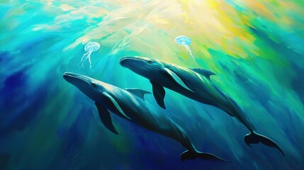 Obraz premium Two majestic whales gracefully swim beneath a vibrant ocean surface, surrounded by jellyfish