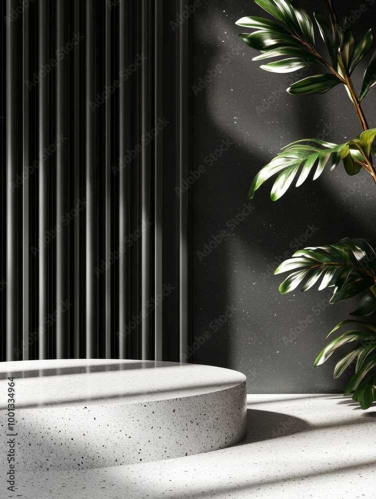 Sticker A sleek, modern concrete podium with subtle metallic accents, featuring a minimalist design and a lush green plant for a touch of nature. The podium is perfect for showcasing products or creating eye-