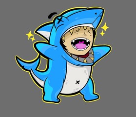 cute cartoon illustration of a man in a shark costume