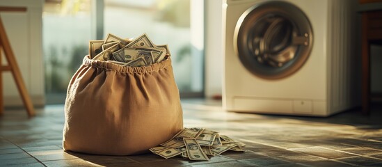Bag of Money on the Ground with Washing Machine in the Background, Symbolizing Money Laundering, 