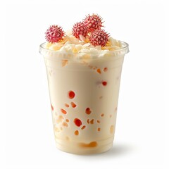 clear plastic cup containing Thai Coconut Milk Drink and lid, isolated white background Studio lighting specifically for advertising