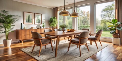 Fototapeta premium Warm and inviting mid-century modern dining room features wooden armchairs, oblong table, and minimalist decor, evoking