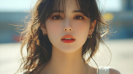 Beautiful Woman With Long Wavy Hair and  Sparkling Eyes