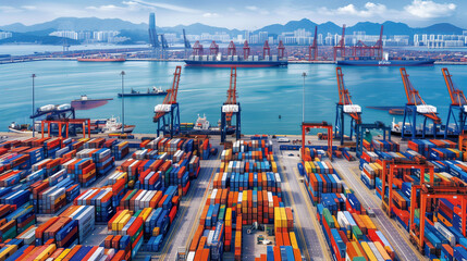 The vibrant Gulf Port: stacked containers, docked ships, busy international trade, and the vast sea with mountains in the background