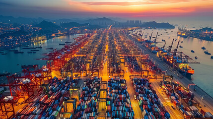 The vibrant Gulf Port: stacked containers, docked ships, busy international trade, and the vast sea with mountains in the background
