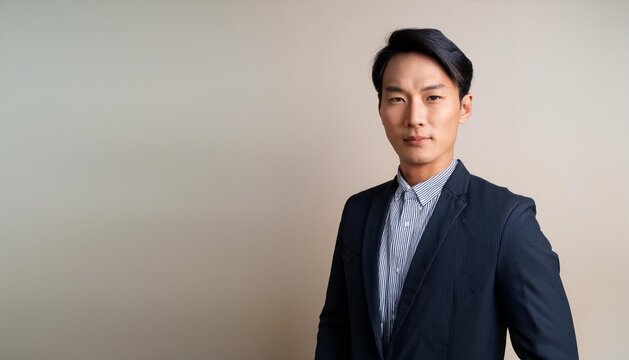 portrait of an Asian man in a formal pose facing the camera with a plain color background