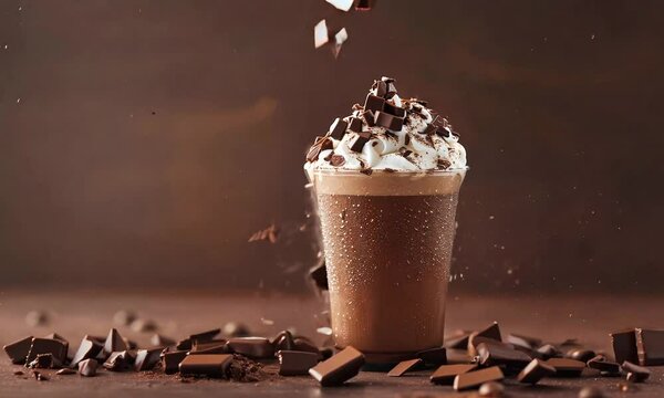 A refreshing iced mocha with whipped cream and chocolate shavings