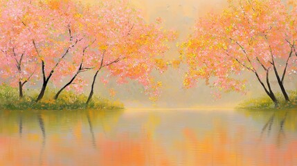 Tranquil spring morning over a serene lake surrounded by blooming cherry trees