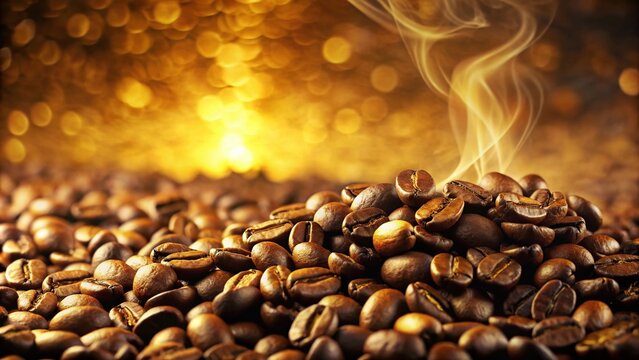 Warm, golden background with scattered coffee beans and subtle steam wisps, evoking a cozy atmosphere and inviting a