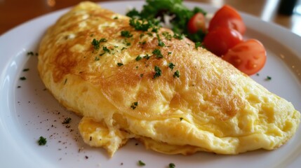 A golden-brown omelet filled with gooey cheese is cooked to perfection, served on a white plate for breakfast.