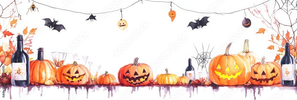 Canvas Prints A watercolor illustration of a Halloween party with pumpkins, wine, bats, and spiderwebs. The pumpkins are carved with spooky faces, and the bats are flying overhead. The scene is set against a white 