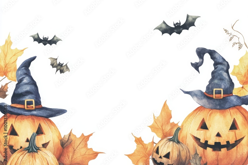 Sticker A whimsical watercolor illustration featuring two jack-o-lantern pumpkins wearing witch hats, bats flying in the air, and autumn leaves. Perfect for Halloween decorations, greeting cards, or festive d