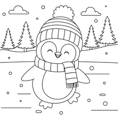 Cute penguin ice skating outline coloring page. Christmas and Winter Illustration