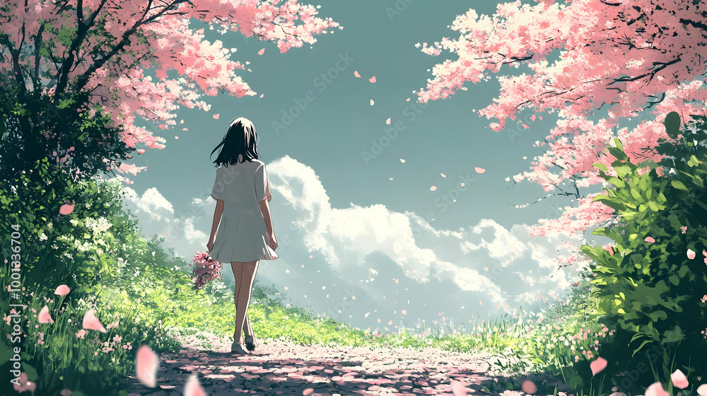 Poster Walking Through a Pathway of Blossoms