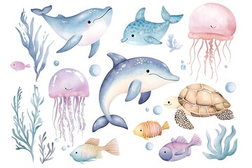 Watercolor cute and adorable sea animals