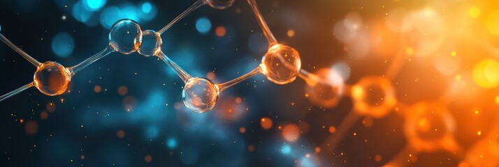 Abstract representation of molecules and chemical structures set against a vibrant background of blue and orange. Generative AI