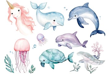 Fototapeta premium Watercolor cute and adorable sea animals