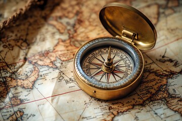 Antique compass on old world map.