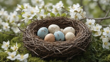 Obraz premium A delicate bird's nest adorned with colorful eggs contrasts beautifully against blooming white flowers in a serene spring garden