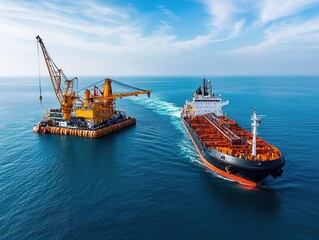 Fototapeta premium Supply barge delivering heavy equipment to an offshore shipyard, logistical coordination, maritime supply chain