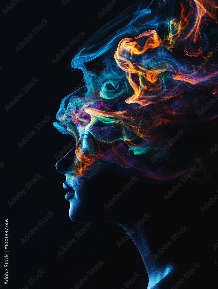 Poster Abstract Smoke Woman Profile, a mesmerizing portrait with colorful smoke swirling around a woman's face, symbolizing thoughts, dreams, creativity, imagination, and mystery.