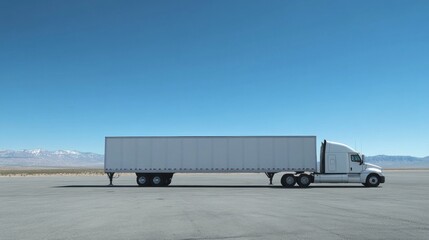 A large semi truck is parked on a road in a desert
