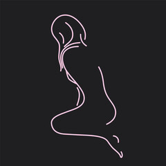Woman Body. Beautiful fitness figure. Beauty logo. Black background. Erotic lady poses drawn lines. Vector illustration
