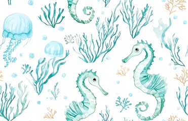 Watercolor sea life seamless pattern