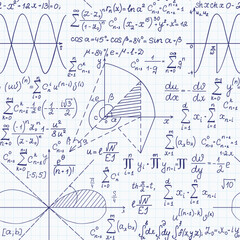 Mathematical vector seamless pattern with formulas, plots and equations on a grid paper