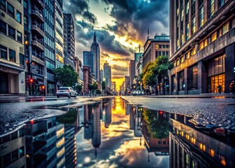Obraz premium Wet asphalt glistens under the gloom of a stormy sky, puddles mirroring the city's vertical landscape as raindrops