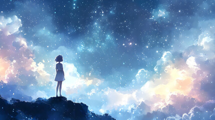 Girl Gazing at Night Sky with Stars and Clouds