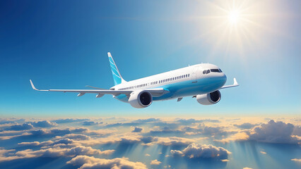 Commercial airplane flying above clouds in sunlight