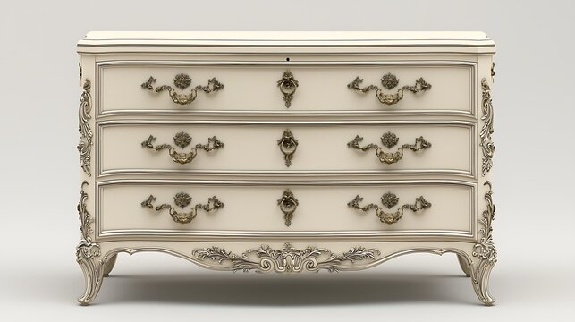 Antique White Chest of Drawers with Intricate Carvings and Gold Accents