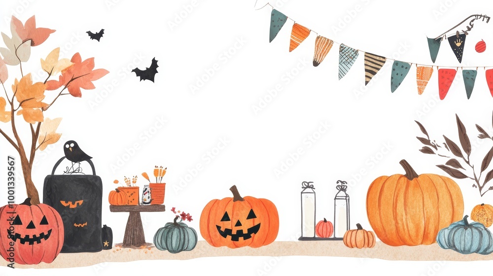 Canvas Prints Festive Halloween party ideas for small spaces, featuring pumpkins, bats, and a festive banner. Perfect for decorating a cozy home or apartment for a fun and spooky gathering.