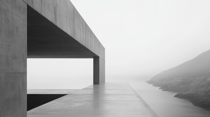 Obraz premium A minimalist, concrete structure with a cantilevered overhang overlooking a foggy seascape