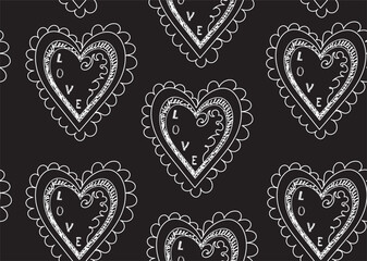 Beautiful vector seamless pattern with handwritten hearts, and words "Love", chalk writings on a blackboard