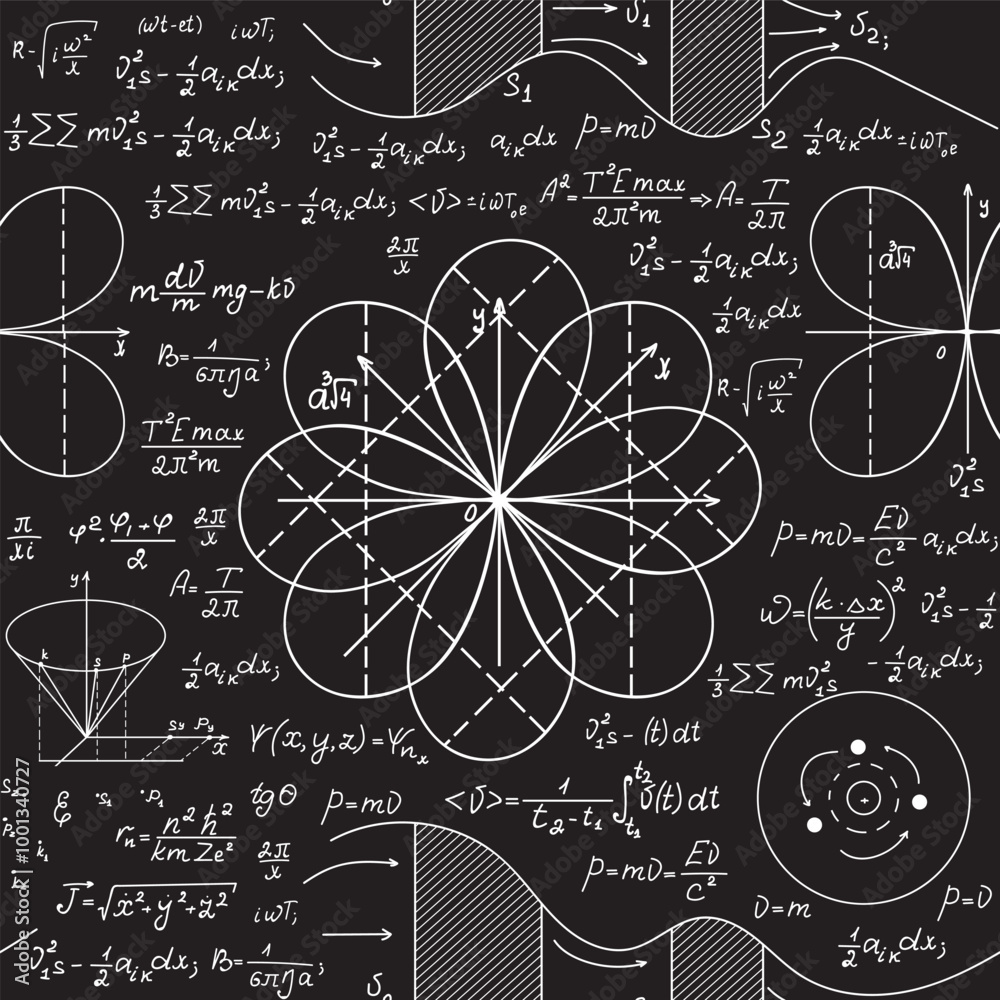 Sticker math scientific vector seamless pattern with handwritten equations, formulas and calculations