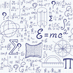 Math vector seamless pattern with handwritten formulas, figures calculations on copybook paper