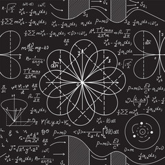 Math scientific vector seamless pattern with handwritten equations, formulas and calculations