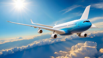 Obraz premium Commercial airplane flying above clouds in sunlight